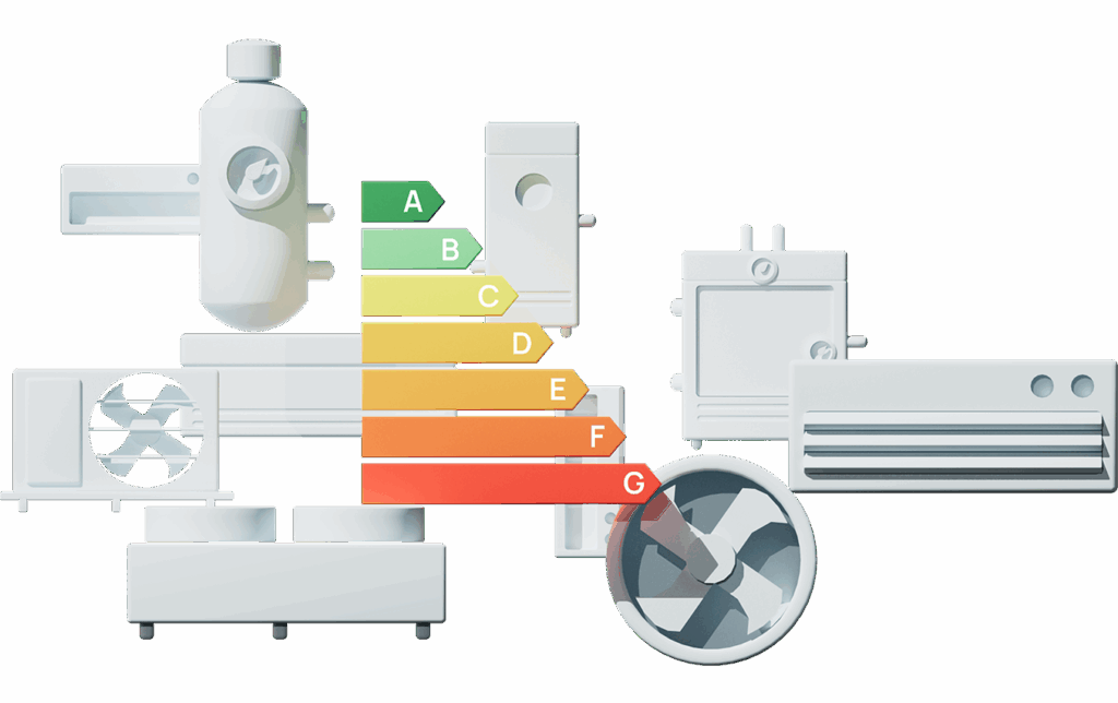 Illustration av tekniska byggnadssystem som ventilation och värmepumpar, med färgskala för energiklassning från A till G.