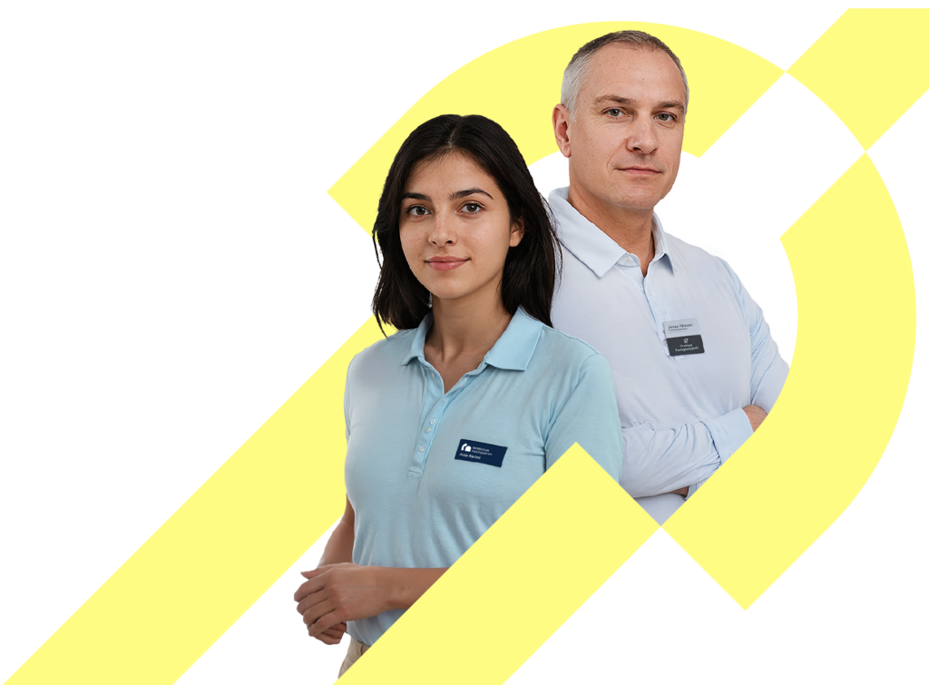 Två driftansvariga personer i arbetskläder står framför en grafisk symbol för Driftlyftet.